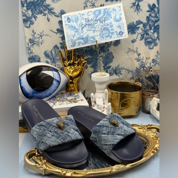 🆕 KURT GEIGER LONDON 🧿 NWOB Blue Denim Meena Eagle Slides, Sz EU 40 US 9 - Picture 2 of 10